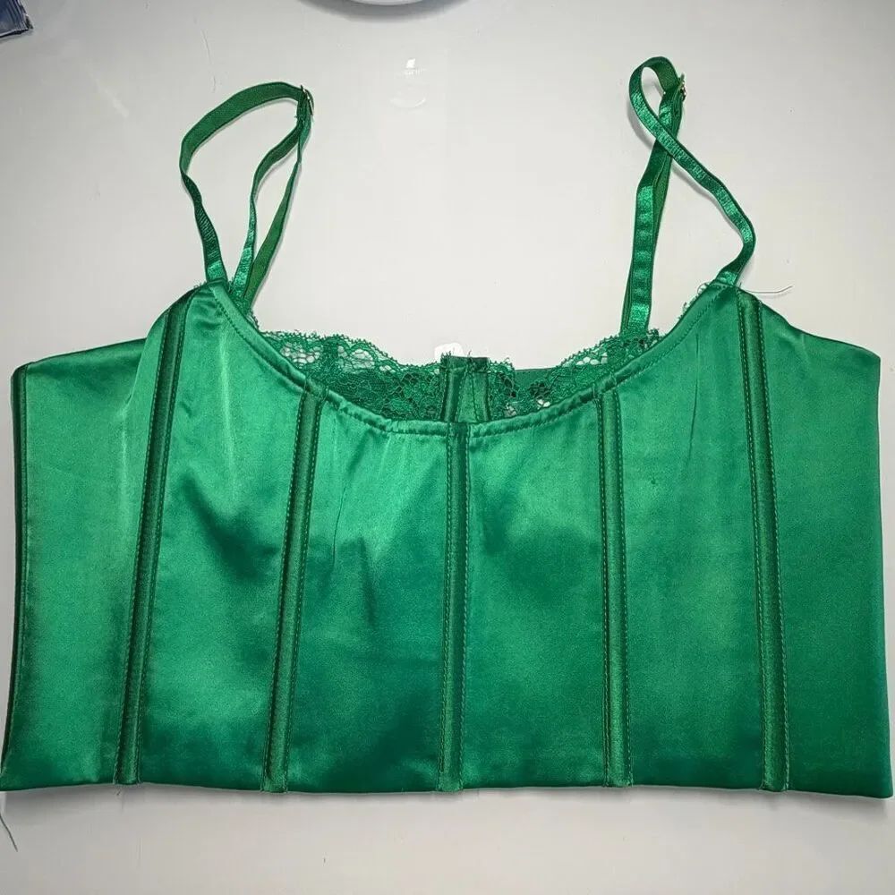 Meshki Emerald Green Intimate Lake Lace-Trim Corset Crop Top Size Medium
